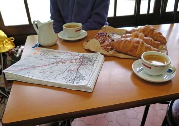 Walking in France: Breakfast, and our pile of maps for this walk