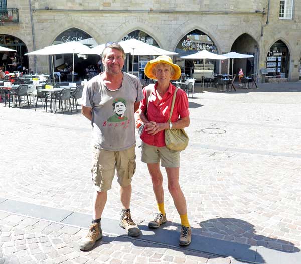 Walking in France: With our English benefactor in the Place Champollion, Figeac