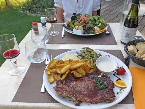 Walking in France: Our one course dinners; Keith's entrecôte with blue cheese sauce